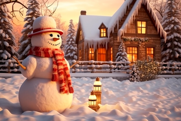 Un bellissimo pupazzo di neve vicino a una casa decorata per Natale Colori caldi dell'immagine