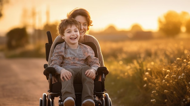 Un bellissimo ragazzino disabile cammina in sedia a rotelle con sua madre al tramonto Un bambino disabile