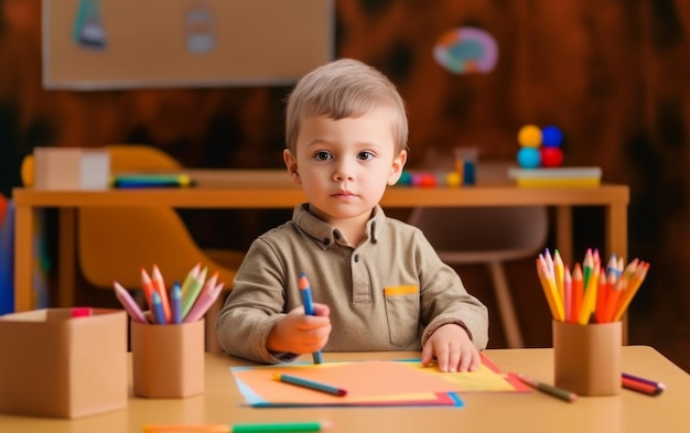 Un bellissimo ragazzino si siede a una scrivania scolastica e tiene un cartello che dice "Ritorno alla scuola AI generativa"