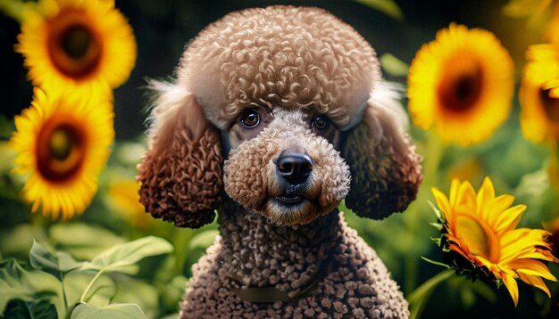 Un bellissimo ritratto di un cane barboncino in un bellissimo giardino