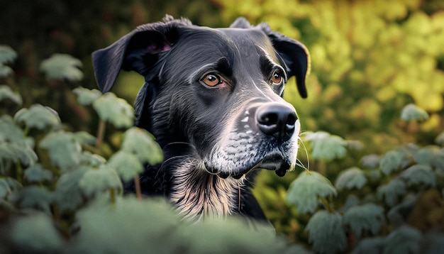 Un bellissimo ritratto di un cane bianco e nero in un bellissimo giardino