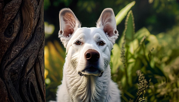 Un bellissimo ritratto di un cane bianco in un bellissimo giardino