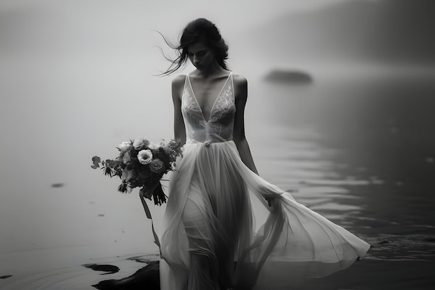 Un bellissimo ritratto in bianco e nero di una sposa con un mazzo di fiori Ad alta risoluzione
