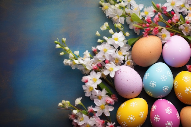 Un bellissimo sfondo con colorate uova di Pasqua e fiori primaverili in fiore