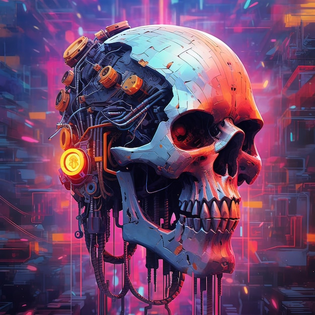 Un bellissimo teschio colorato con un design tecnologico in stile cyberpunk