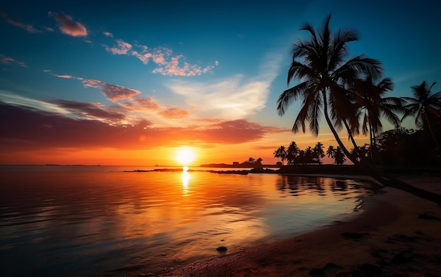 Un bellissimo tramonto sopra l'oceano con le palme AI