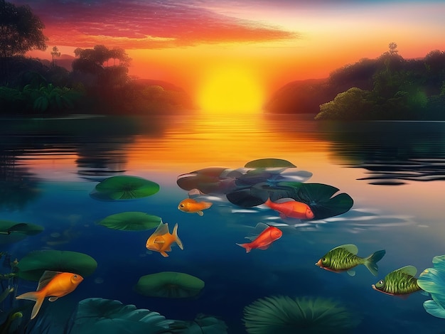 Un bellissimo tramonto su uno stagno tropicale pesci che nuotano pacificamente