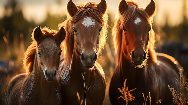 Un bellissimo trio di giovani cavalli che si crogiolano al sole splendente