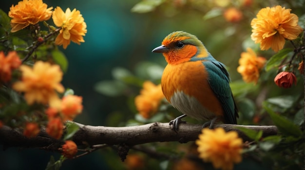 Un bellissimo uccello colorato seduto su un ramo con foglie e fiori sullo sfondo naturale