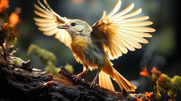 Un bellissimo uccello si appollaia su un ramo spiegando le ali
