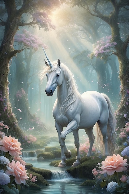 Un bellissimo unicorno in una foresta magica