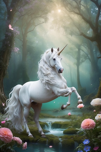 Un bellissimo unicorno in una foresta magica