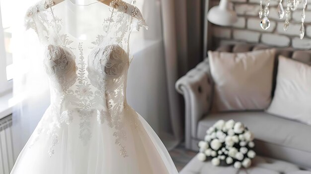 Un bellissimo vestito da sposa con una scollatura dolce e dettagli intricati di pizzo