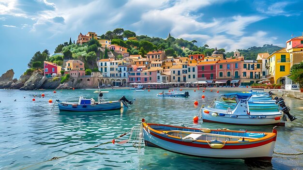 Un bellissimo villaggio costiero con edifici colorati e barche Una popolare destinazione turistica