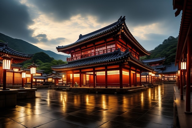 un bellissimo villaggio giapponese città città al mattino tempio buddista santuario shintoista AI generato