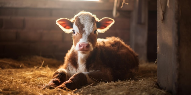 Un bellissimo vitello neonato in un fienile di una fattoria lattiero-casearia rurale circondato da paglia e fieno