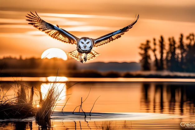 un bellissimo volo di un gufo sopra un fiume durante il tramonto AI generativa di Aquiles Orfei