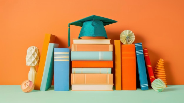 Un berretto di laurea con libri Giorno dell'istruzione