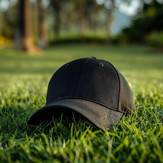 un berretto nero giace sull'erba con la parola b su di esso