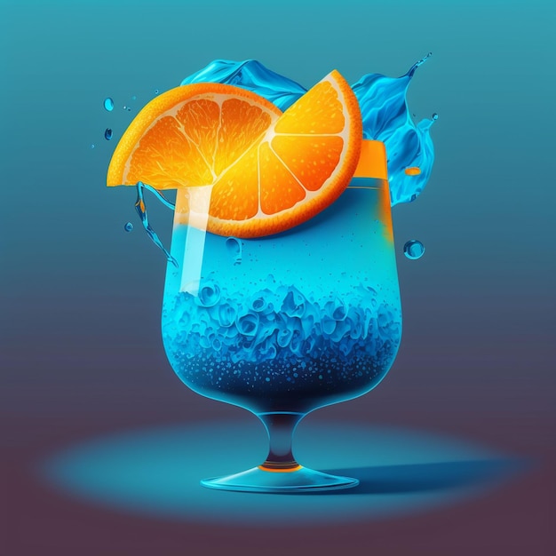 Un bicchiere blu con fette d'arancia e acqua sopra