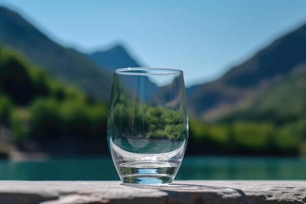 un bicchiere con acqua limpida sullo sfondo di un lago