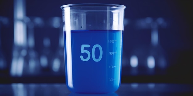 Un bicchiere con il numero 50 in un liquido blu.