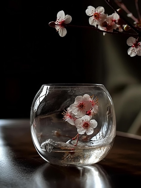 Un bicchiere con sopra dei fiori e un vaso con sopra un fiore.