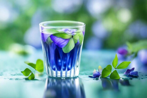 un bicchiere con un fiore e petali viola su di esso