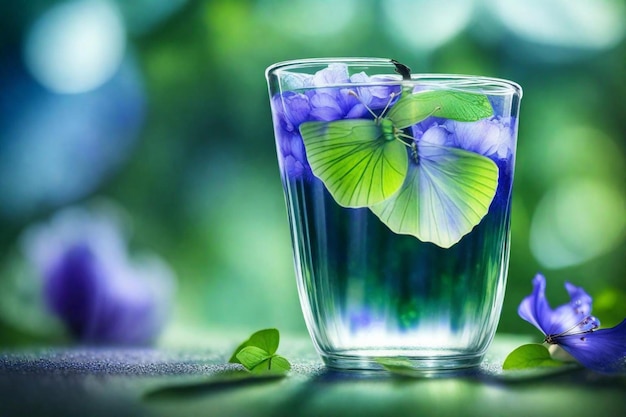 un bicchiere con una farfalla su di esso e un farfalla sul fondo