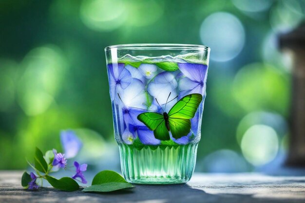 un bicchiere con una farfalla su di esso e un farfalla sul lato di esso