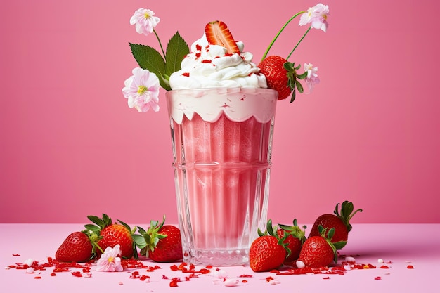 Un bicchiere contenente un frappè alla fragola è adornato con panna montata e fragole fresche