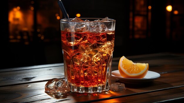 Un bicchiere contenente una bevanda alcolica poggia su un tavolo di legno scuro su uno sfondo nero
