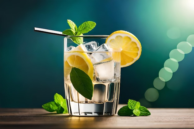 un bicchiere d'acqua con fette di limone e foglie di menta.