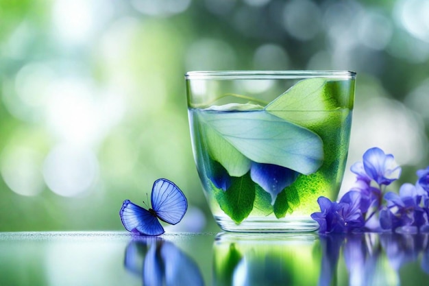 un bicchiere d'acqua con fiori e farfalle