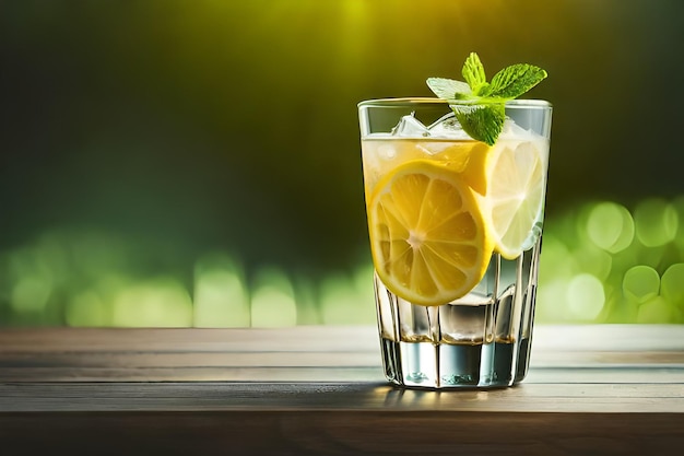 un bicchiere d'acqua con foglie di lime e menta su un tavolo.