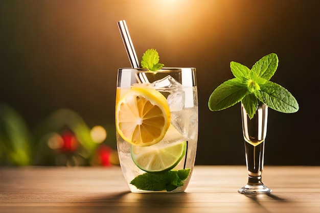 un bicchiere d'acqua con foglie di limone e menta