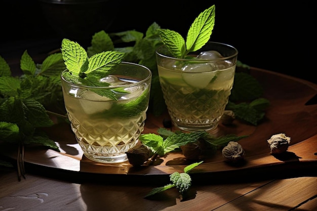 un bicchiere d'acqua con foglie di menta e una foglia di menta.