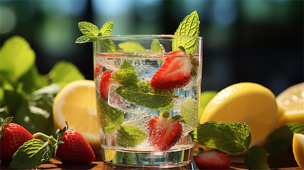 Un bicchiere d'acqua con fragole e banane.