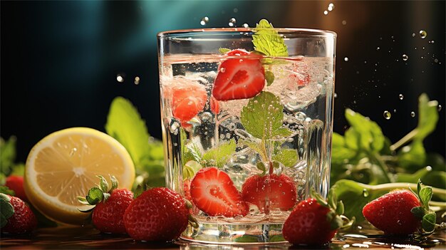 Un bicchiere d'acqua con fragole e limoni.