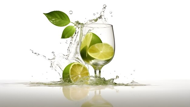 Un bicchiere d'acqua con lime e foglie