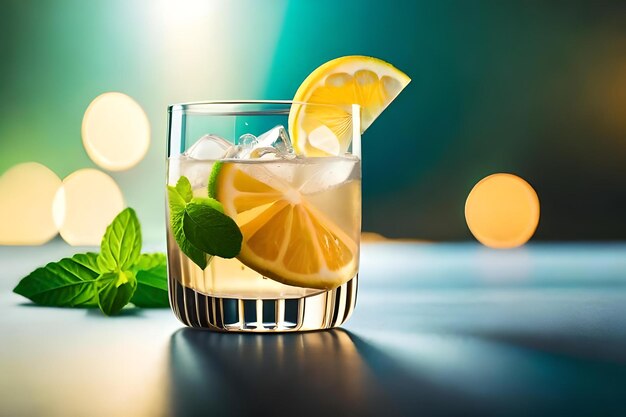 Un bicchiere d'acqua con limone e foglie di menta.