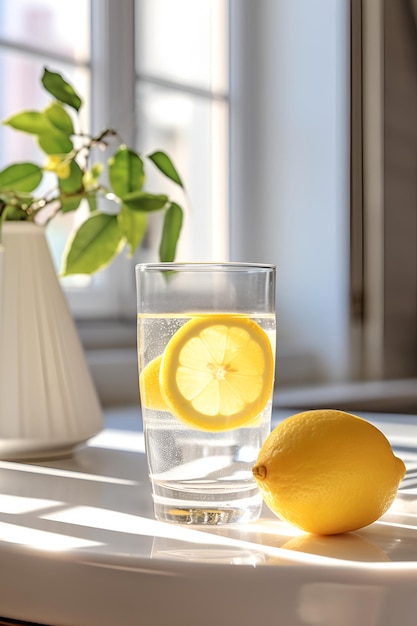 Un bicchiere d'acqua con limone sul tavolo vicino alla finestra. Bevanda sana.