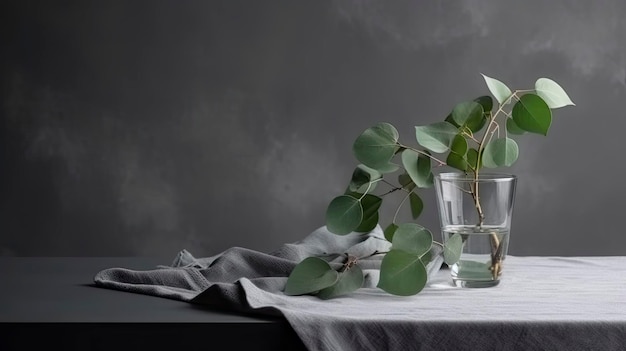 Un bicchiere d'acqua con sopra una foglia verde