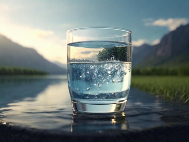 un bicchiere d'acqua con un albero sullo sfondo