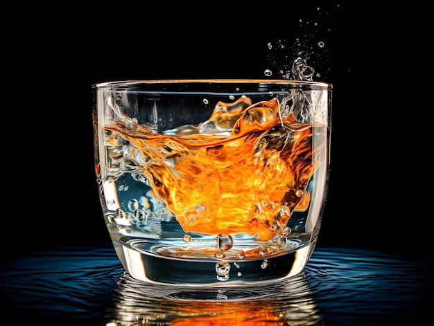 Un bicchiere d'acqua con un cubetto di ghiaccio arancione dentro.