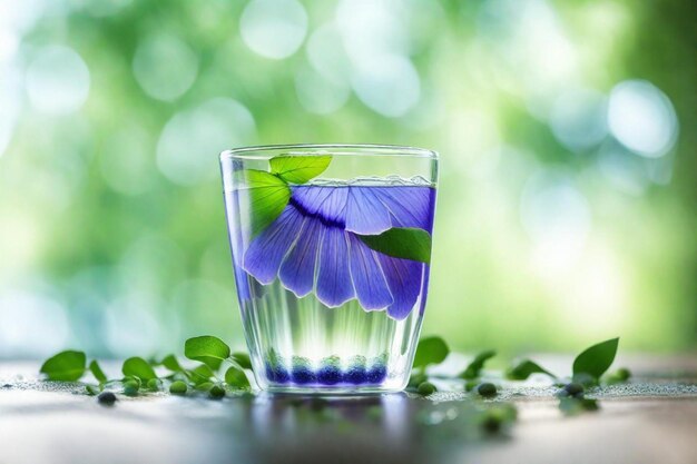 un bicchiere d'acqua con un fiore e un fiore dentro