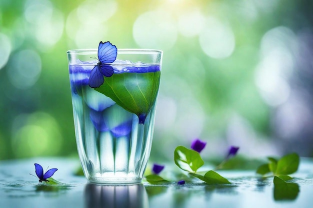 un bicchiere d'acqua con un fiore e un fiore dentro
