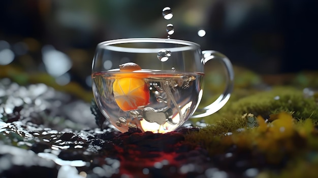 Un bicchiere d'acqua con una bolla al centro.