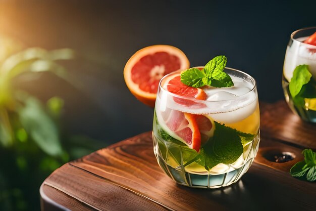 un bicchiere d'acqua con una fetta di frutta e una fetta di limone.