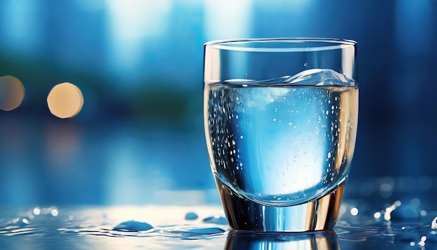 Un bicchiere d'acqua e gocce sul tavolo Bevanda minerale rinfrescante Toni blu Bokeh sfocato